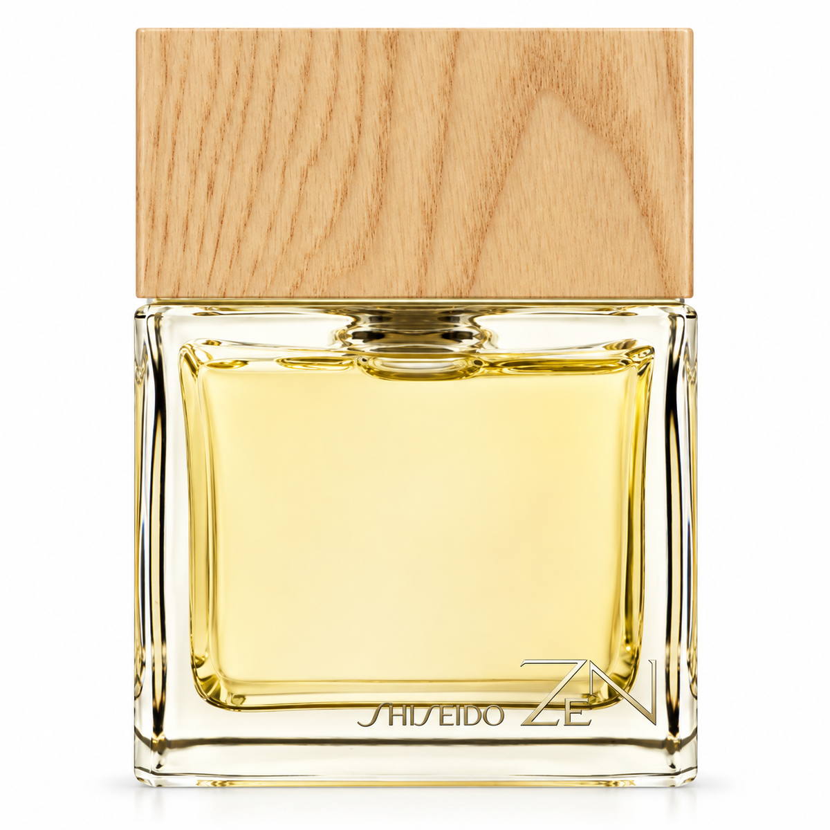 Shiseido Zen 100ml Eau de Parfum in its elegant transparent square glass bottle filled with warm golden fragrance, finished with a natural light wood-effect rectangular cap and subtle Shiseido Zen branding, photographed front-facing against a pure white background.