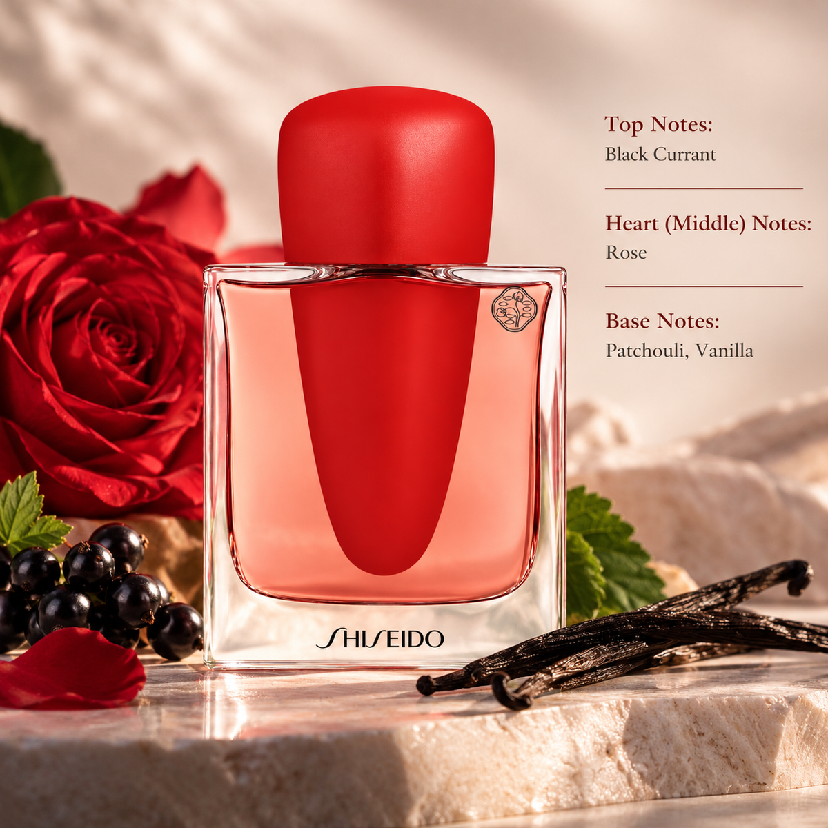 Shiseido Ginza Intense 90ml Eau de Parfum presented in an elegant, feminine composition inspired by its floral and warm sensual character, surrounded by rich red rose, black currants, vanilla pods and subtle patchouli-inspired greenery, with soft warm lighting and refined neutral tones complementing the vivid red bottle design.