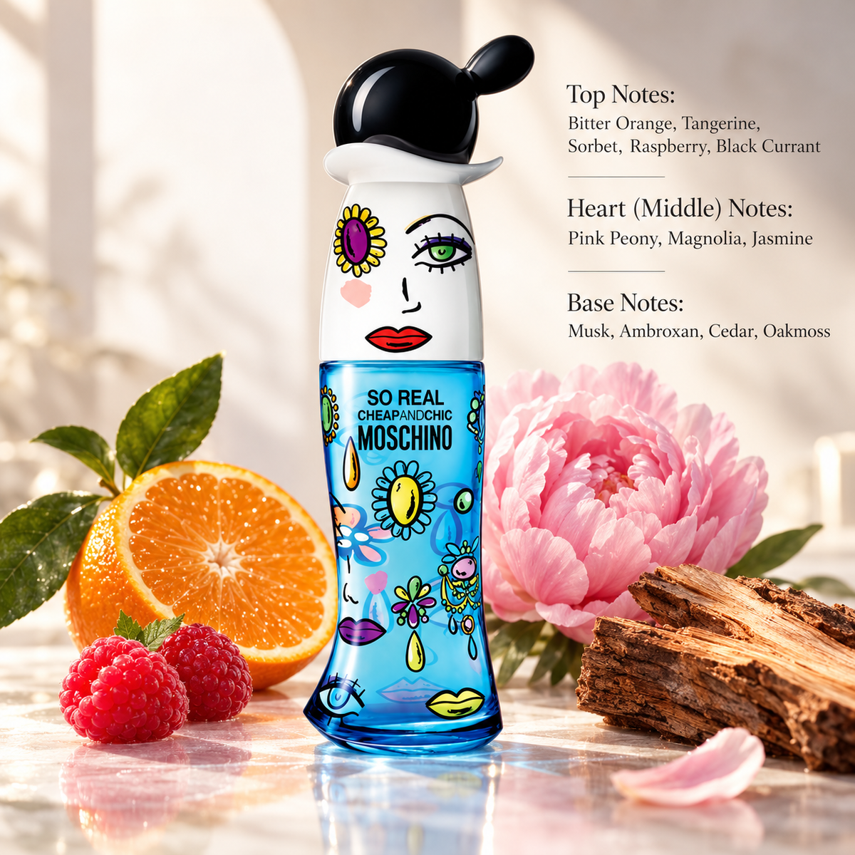 Moschino So Real Cheap and Chic Eau de Toilette for women in its playful blue bottle with colorful floral illustrations and a black cap, surrounded by fresh orange, raspberries, pink peony and cedarwood. A vibrant fruity floral fragrance with magnolia, jasmine, musk, ambroxan and oakmoss, presented in an elegant, sunlit setting.