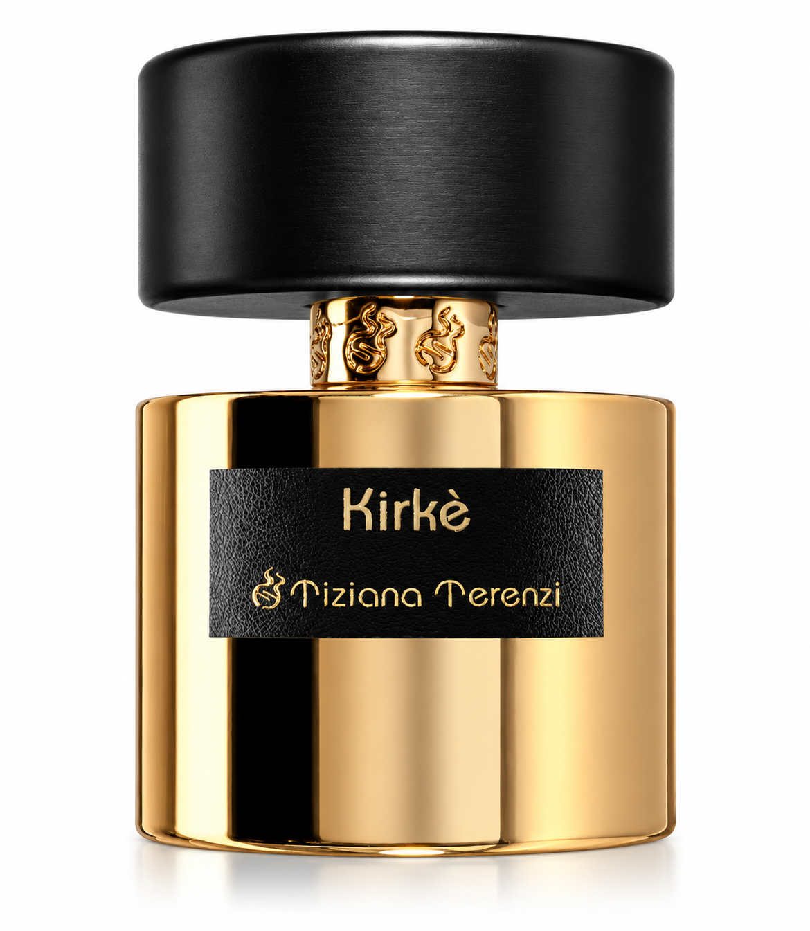 Tiziana Terenzi Kirke 100ml Extrait de Parfum in its distinctive polished gold bottle with a wide black cap and black textured Kirke label, photographed front-facing against a clean pure white background.