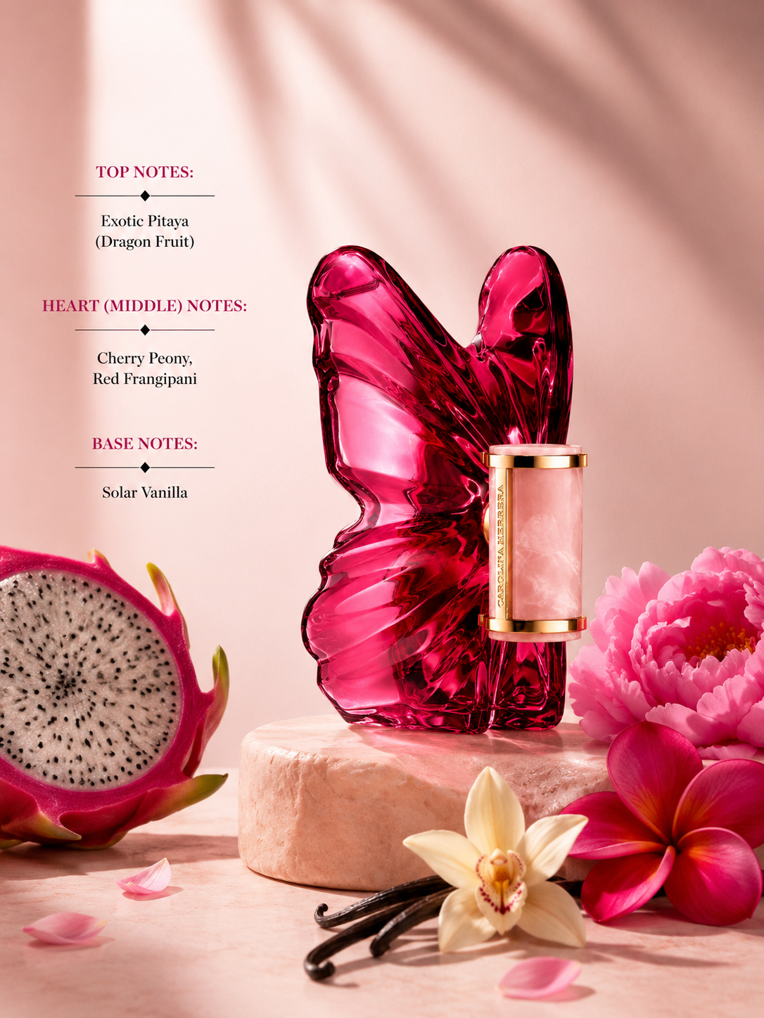 Pink butterfly-shaped perfume bottle with vanilla beans and flowers on a pink background