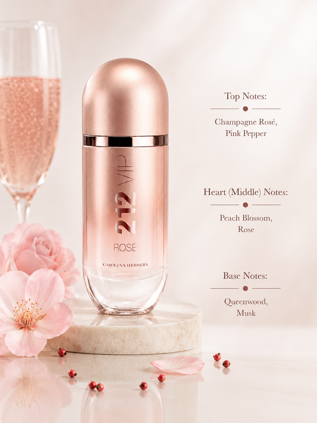 Rose gold perfume bottle with floral elements and product notes on a light background