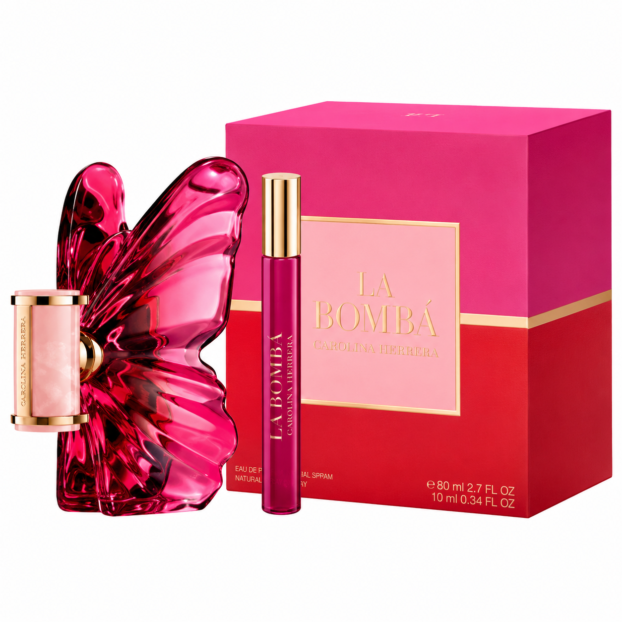 Carolina Herrera La Bomba Eau de Parfum Gift Set featuring the signature butterfly-shaped bottle, matching travel spray, and premium presentation box. Bold fuchsia and rose-gold accents create a vibrant, luxurious look, making it an eye-catching fragrance gift set with a modern feminine aesthetic.
