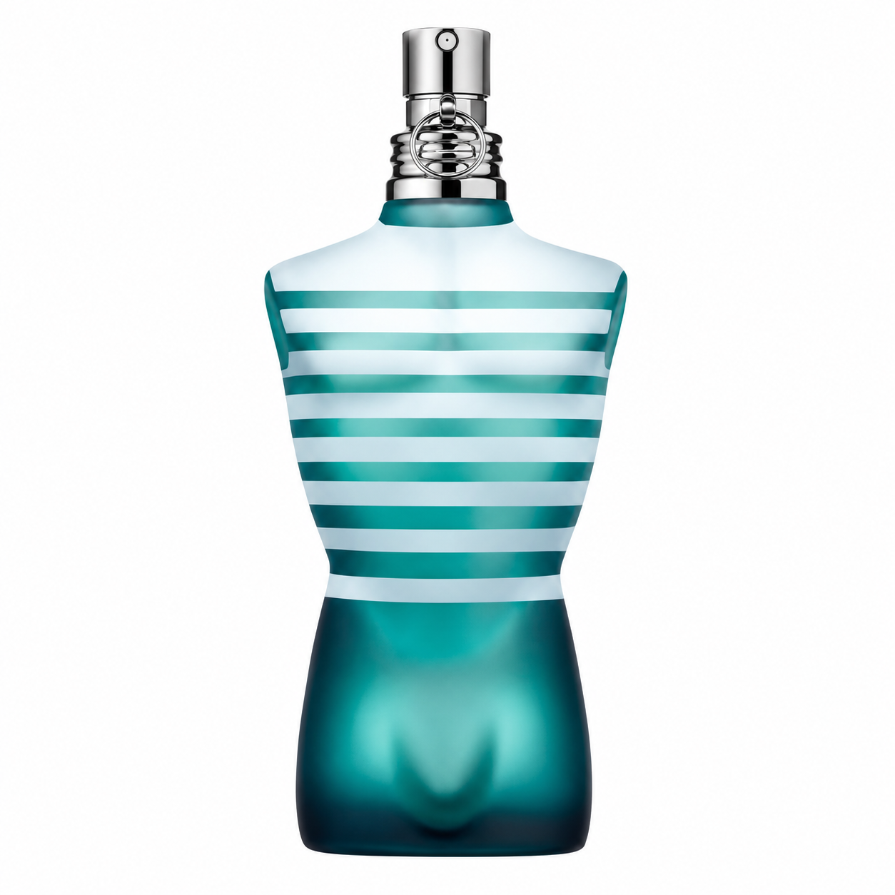 Jean Paul Gaultier Le Male Eau de Toilette bottle with iconic sailor-striped turquoise design.