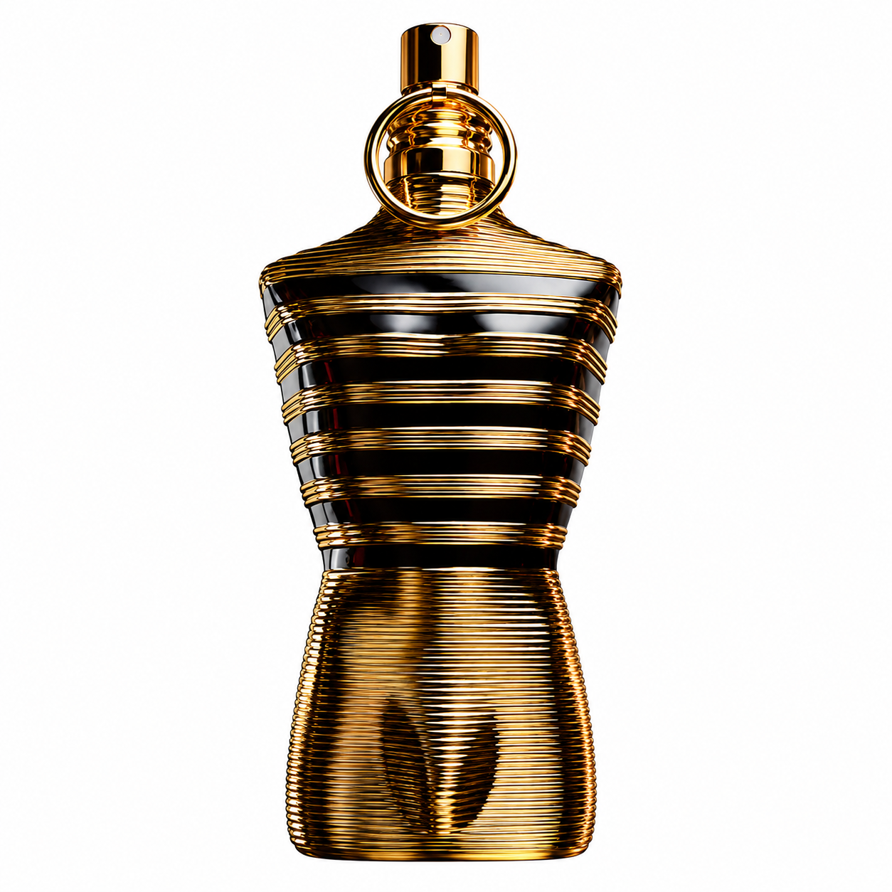 Jean Paul Gaultier Le Male Elixir Parfum bottle with gold sailor-striped torso design.