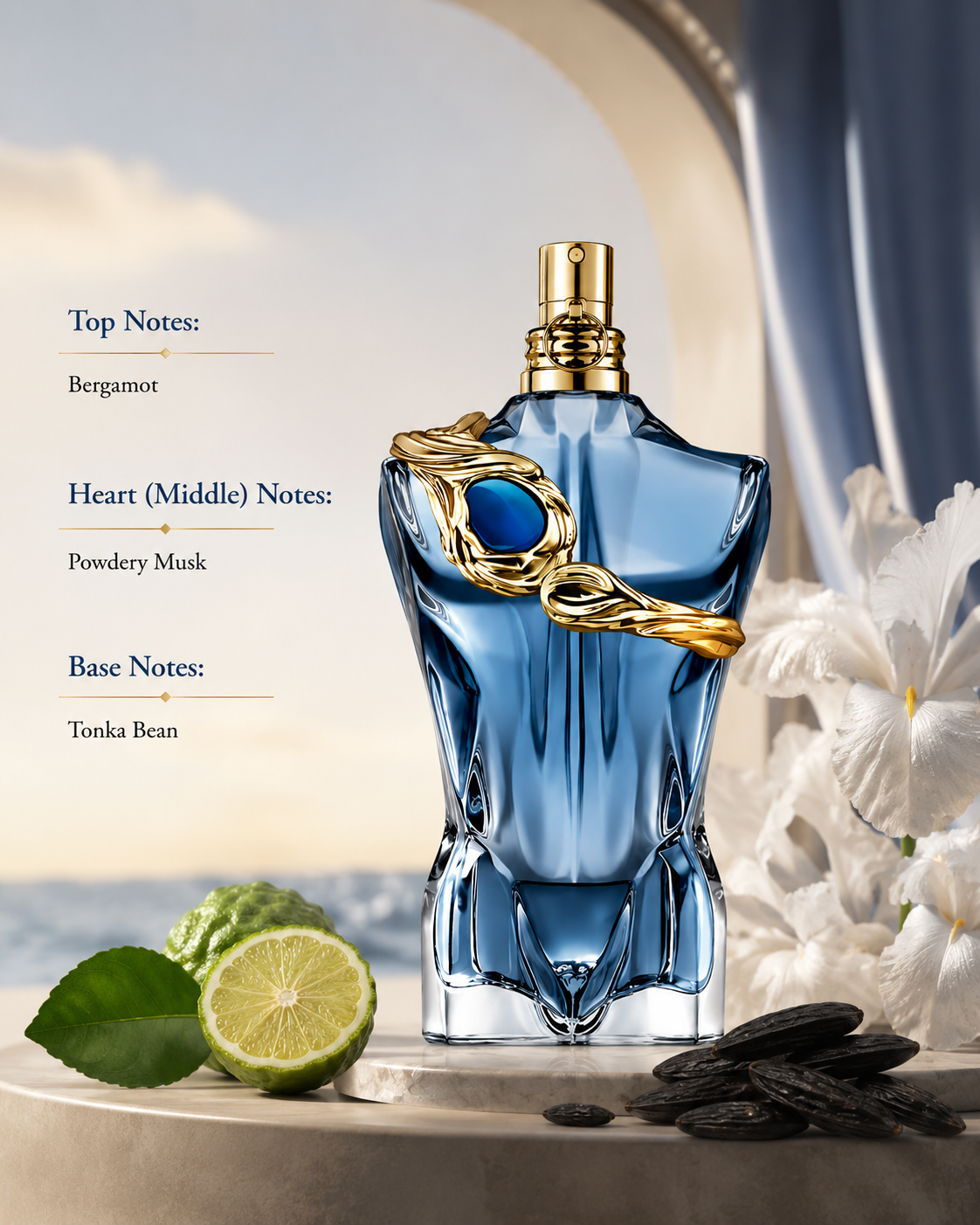 Jean Paul Gaultier Le Beau Paradise Garden Eau de Parfum with fragrance notes of bergamot, powdery musk and tonka bean.
