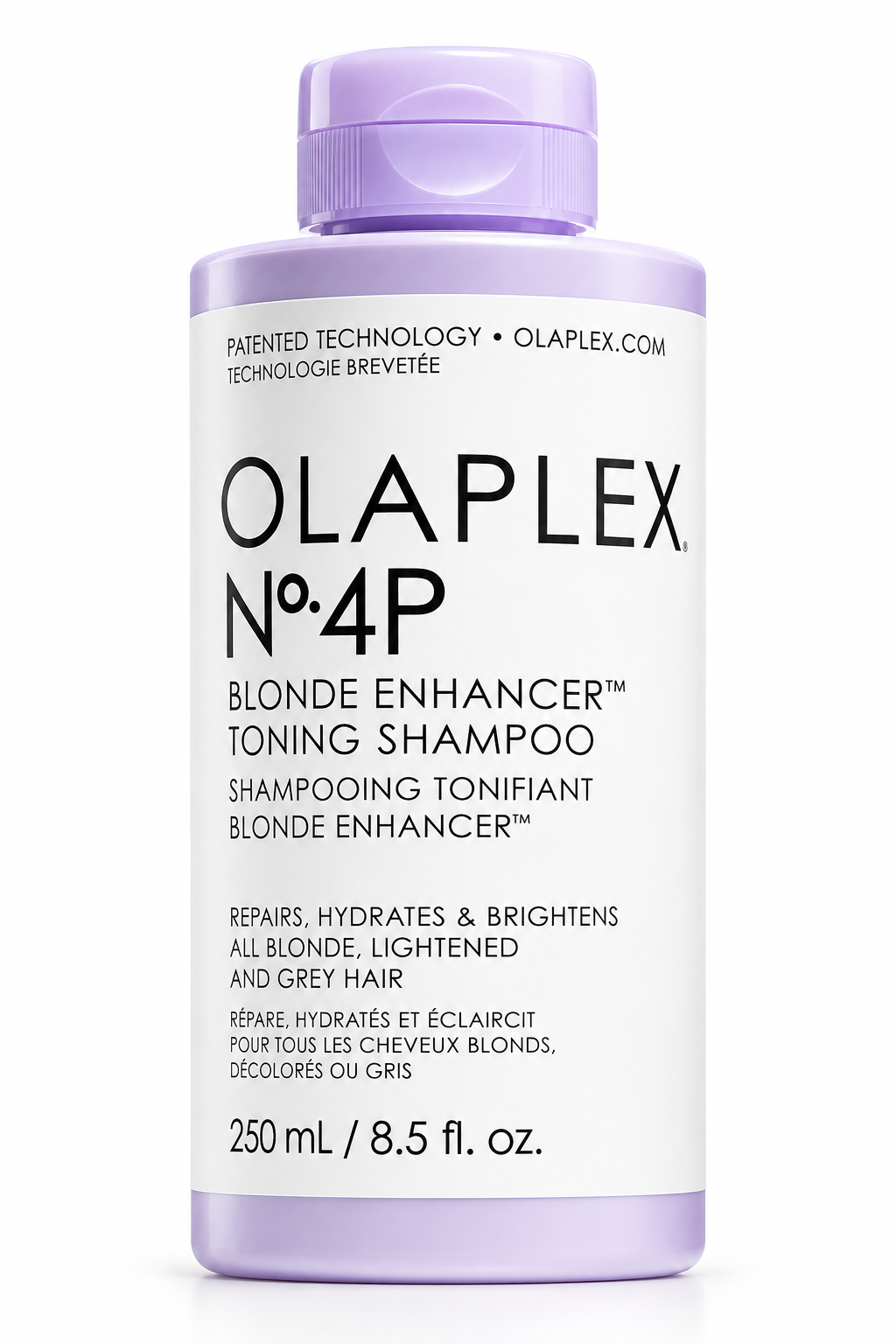 OLAPLEX No.4P Blonde Enhancer Toning Shampoo 250ml, a purple toning shampoo designed to repair, hydrate and brighten blonde, lightened and grey hair while helping neutralize unwanted brassy tones.