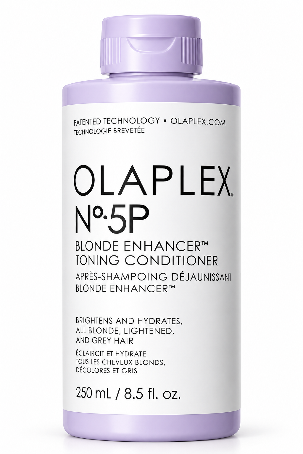 OLAPLEX No.5P Blonde Enhancer Toning Conditioner 250ml in its signature white and lavender bottle, formulated to brighten, hydrate and tone blonde, lightened and grey hair.