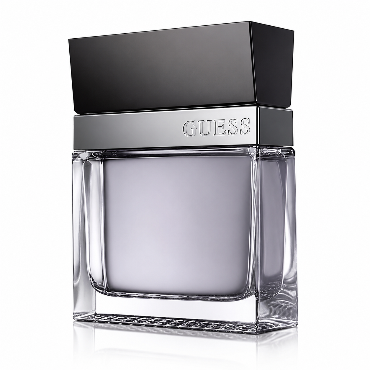 Guess Seductive Homme Noir Eau de Toilette perfume bottle isolated on a white background, featuring a square clear glass bottle with smoky grey fragrance, a silver collar, and a matte black cap in a modern masculine design.