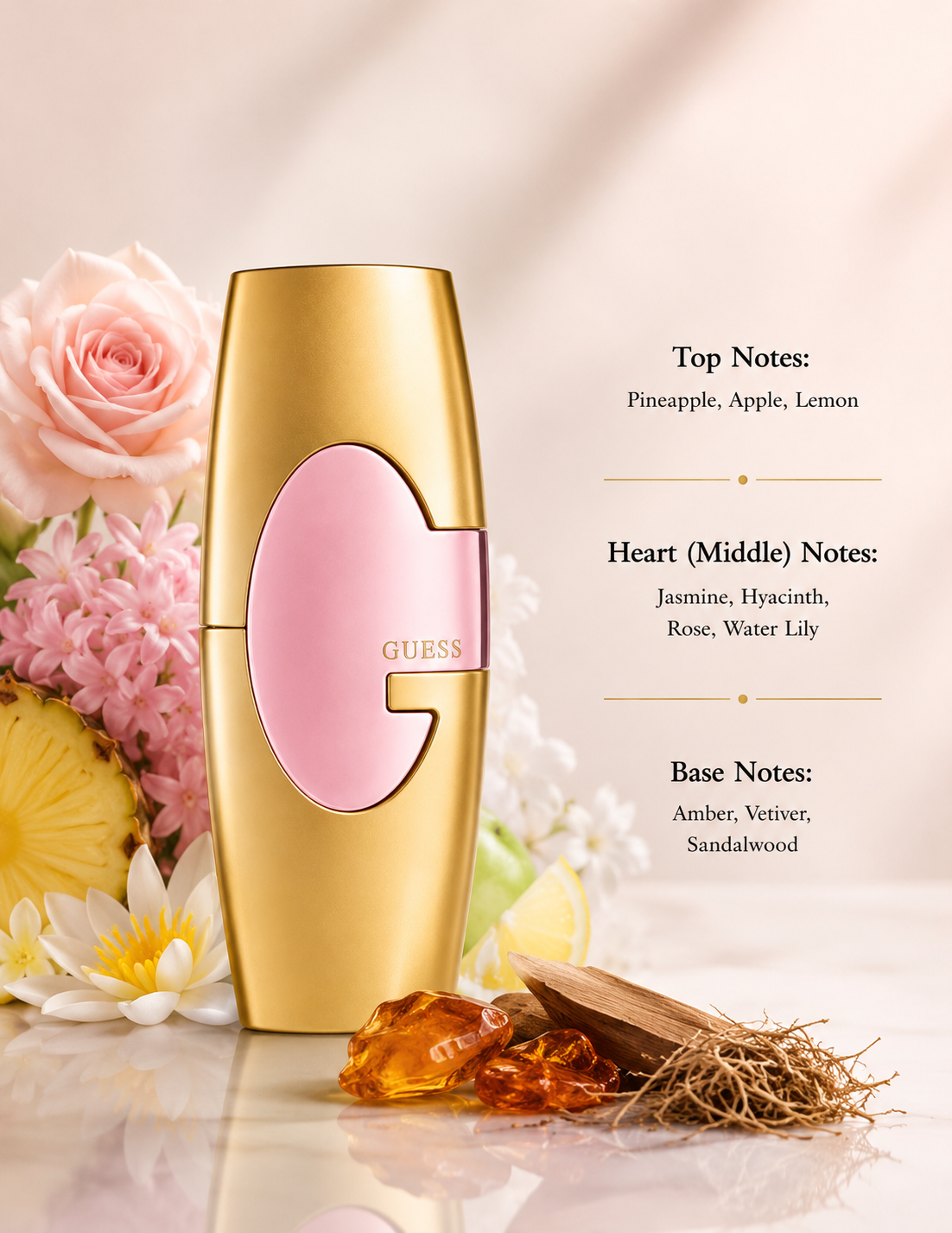Guess Gold Eau de Parfum displayed with fragrance notes, surrounded by pineapple, apple, lemon, jasmine, hyacinth, rose, water lily, amber, vetiver, and sandalwood, highlighting its fruity floral and warm woody fragrance profile.