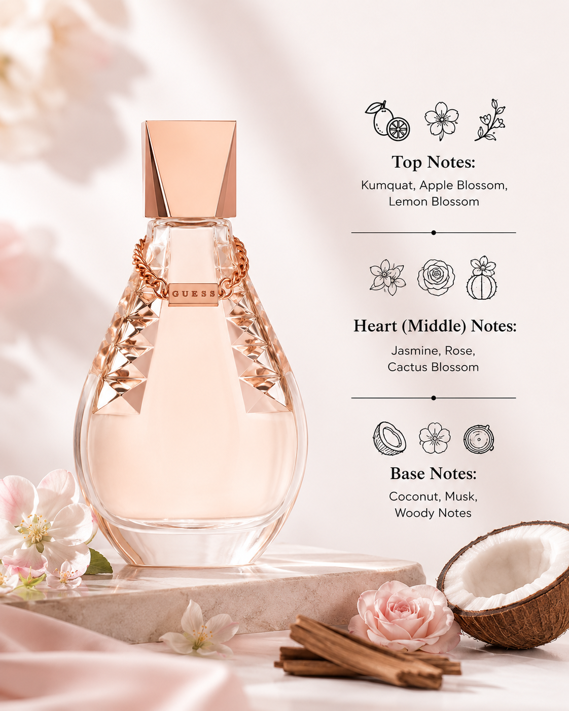 Guess perfume for women displayed with fragrance notes, surrounded by kumquat, apple blossom, lemon blossom, jasmine, rose, cactus blossom, coconut, musk, woody notes, and soft pink florals, highlighting its fresh fruity floral and warm woody scent profile.