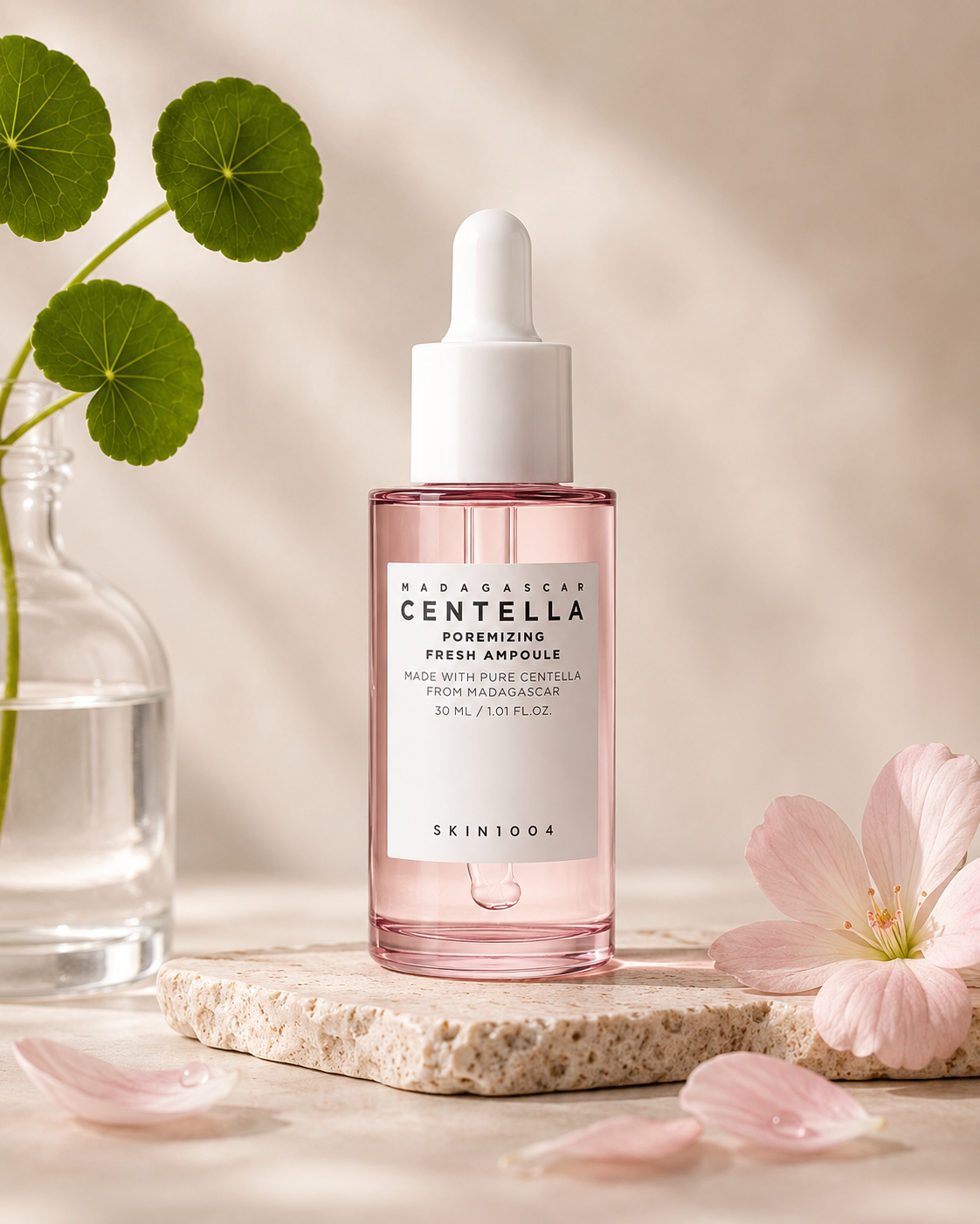 SKIN1004 Madagascar Centella Poremizing Fresh Ampoule 30ml on a neutral background with flowers and leaves.