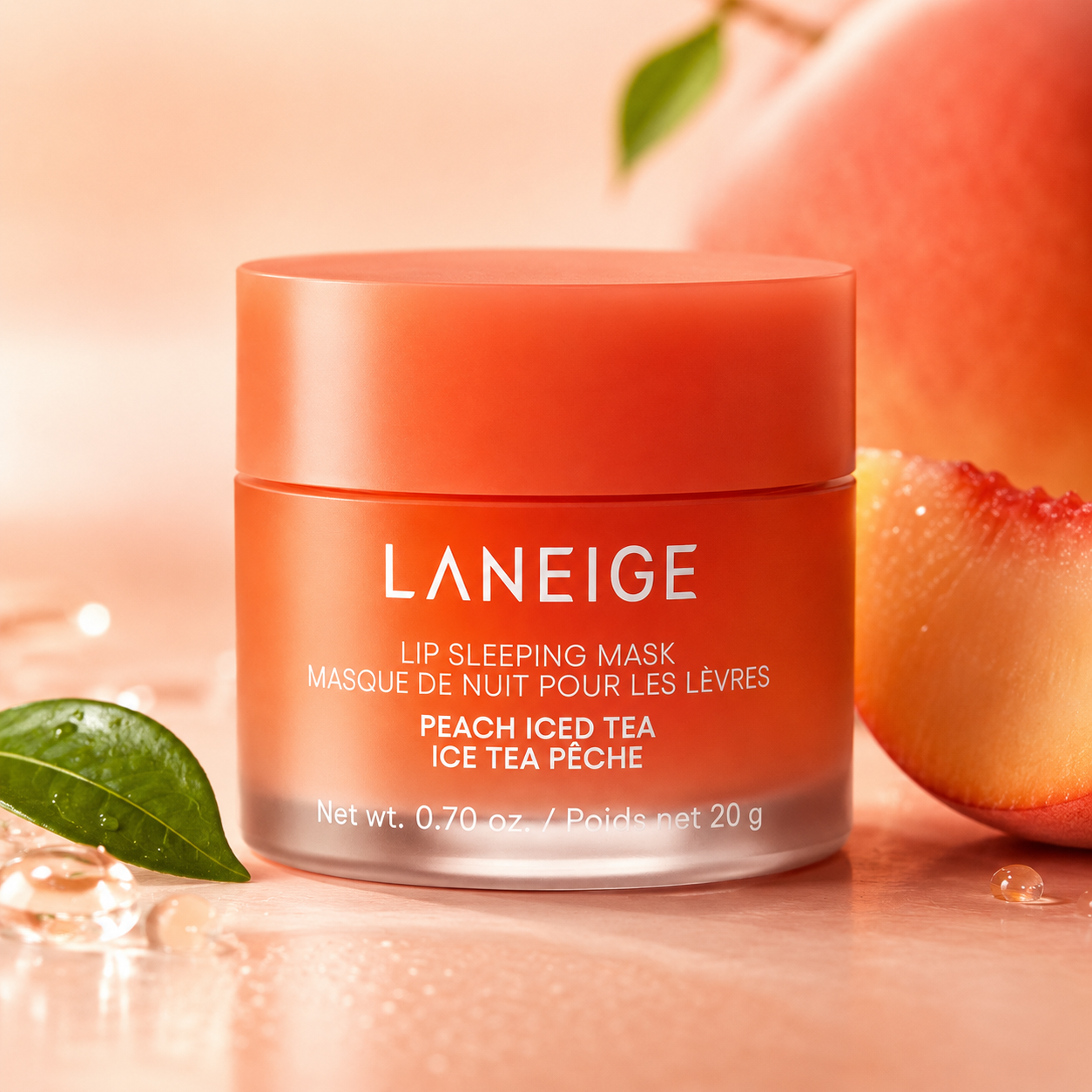 A jar of Laneige Lip Sleeping Mask EX in Peach Iced Tea sits on a marble surface, surrounded by fresh peach slices and green leaves, showcasing its vibrant orange packaging.