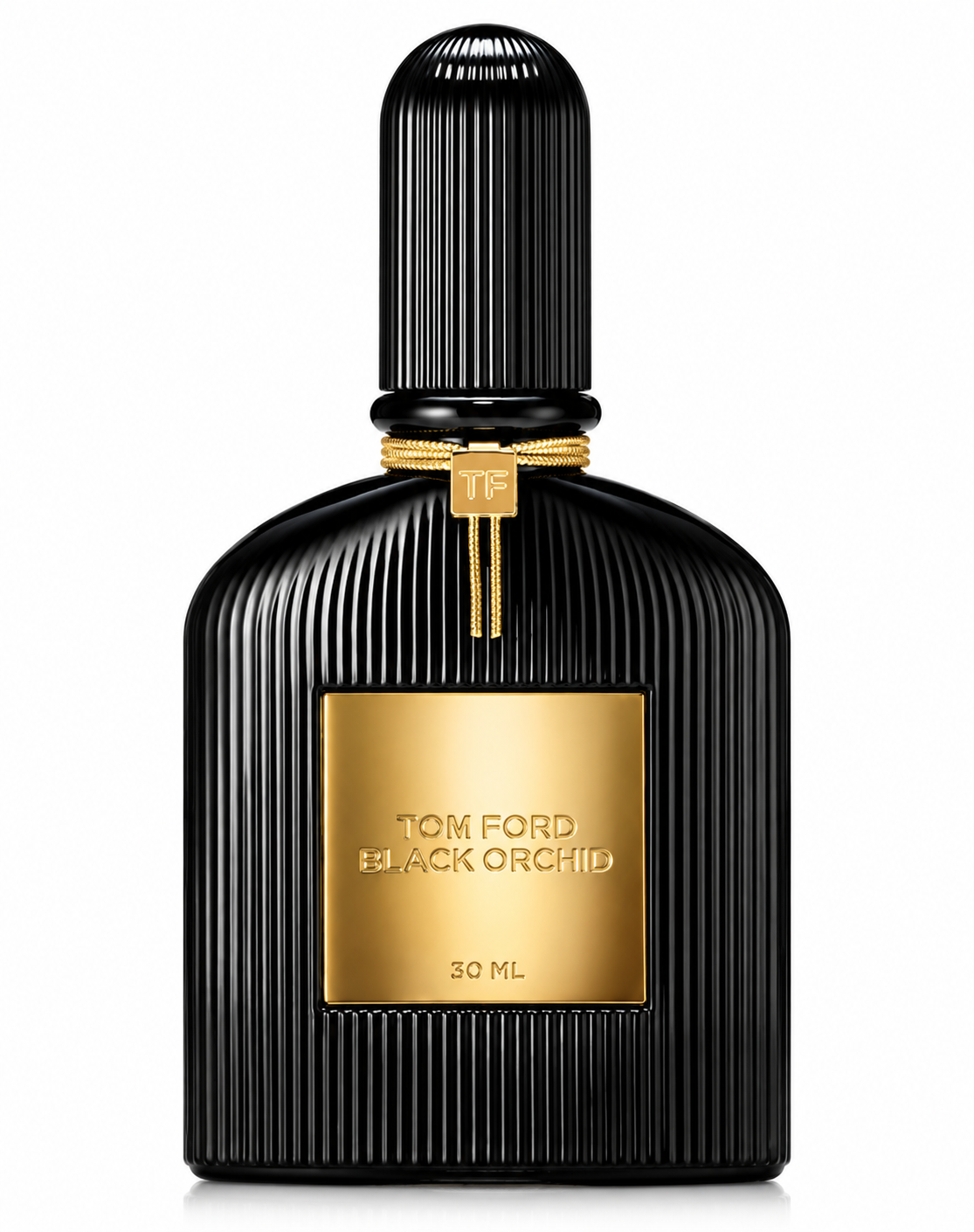 Tom Ford Black Orchid 30ml presented in its iconic glossy black ribbed bottle with luxurious gold plaque, gold TF neck detail and elegant black cap, photographed against a clean pure white background.