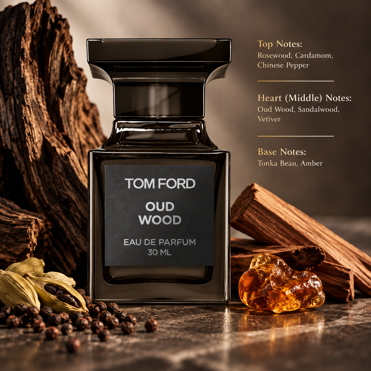Tom Ford Oud Wood Eau de Parfum presented in a sophisticated, warm woody setting inspired by its rich composition, featuring rosewood, cardamom and Chinese pepper, a heart of oud wood, sandalwood and vetiver, and a smooth base of tonka bean and amber.
