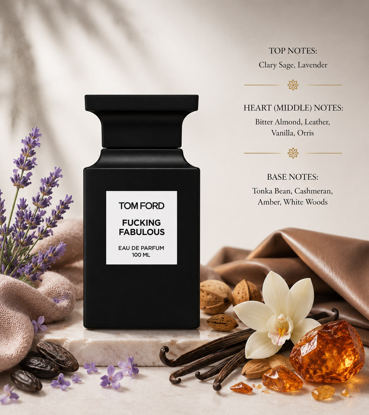 Tom Ford Fucking Fabulous Eau de Parfum displayed on a marble pedestal surrounded by lavender sprigs, vanilla pods, almonds, leather, amber resin, and orchid blossoms, highlighting its rich aromatic and leathery composition. Opening with fresh clary sage and lavender, evolving into a luxurious heart of bitter almond, leather, vanilla, and orris, and finishing with tonka bean, cashmeran, amber, and white woods, this fragrance delivers a powerful, refined, and long-lasting olfactory experience.