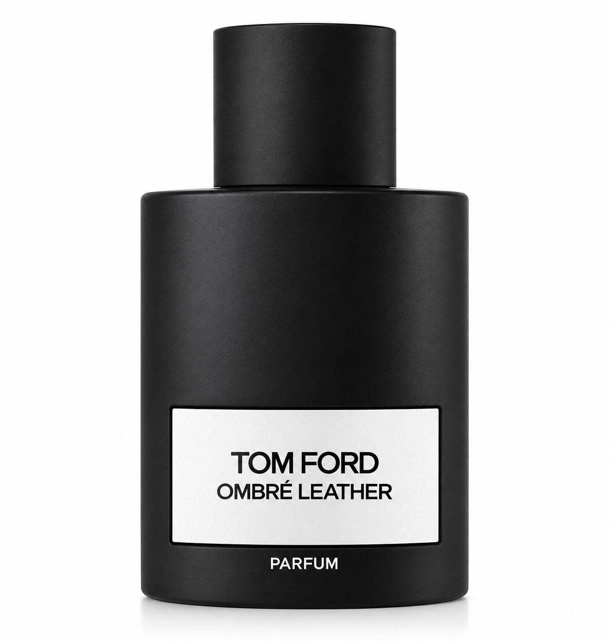 Tom Ford Ombré Leather Parfum presented in its sleek matte black bottle with a contrasting white label and minimalist Tom Ford design, photographed against a clean pure white background.