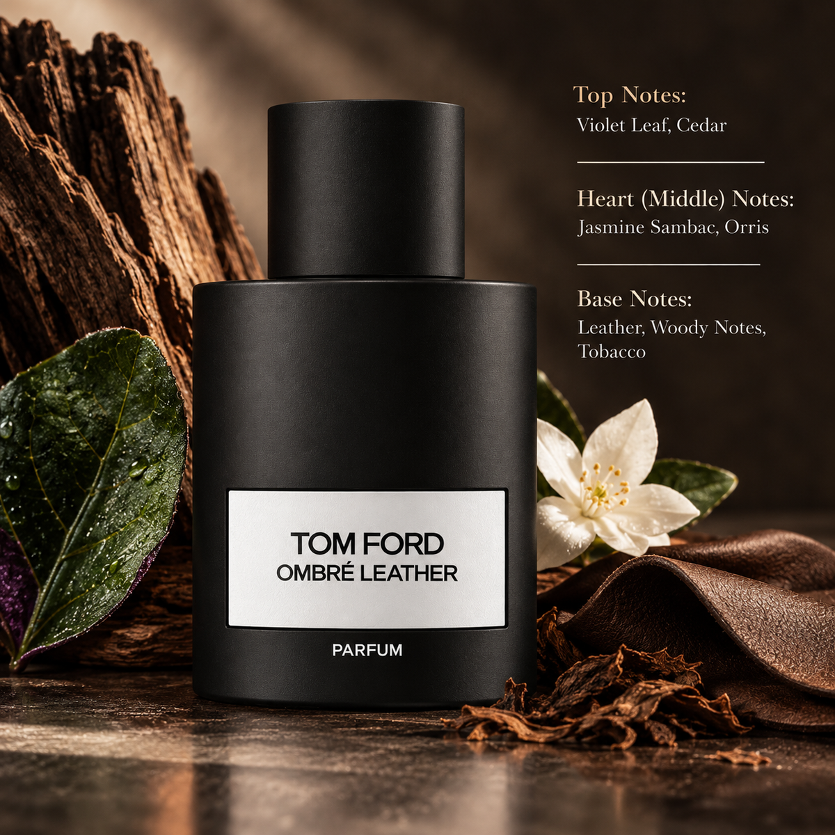 Tom Ford Ombré Leather Parfum presented in a dark, sophisticated setting inspired by its rich leather and woody character, featuring violet leaf and cedar, a floral heart of jasmine sambac and orris, and a deep base of leather, woody notes and tobacco.