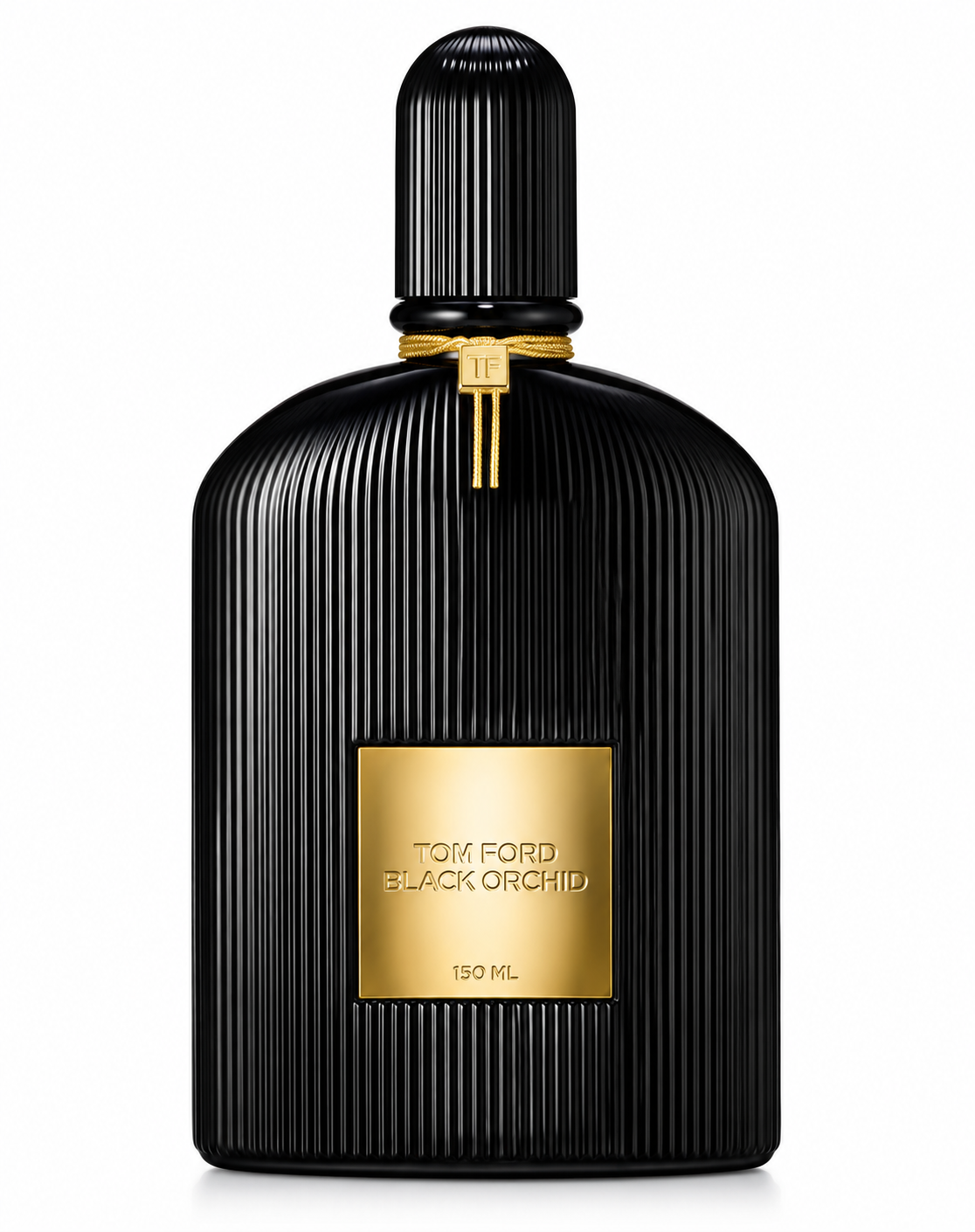 Tom Ford Black Orchid 150ml presented in its iconic glossy black ribbed bottle with a luxurious gold plaque, gold TF neck detail and elegant black cap, photographed against a clean pure white background.