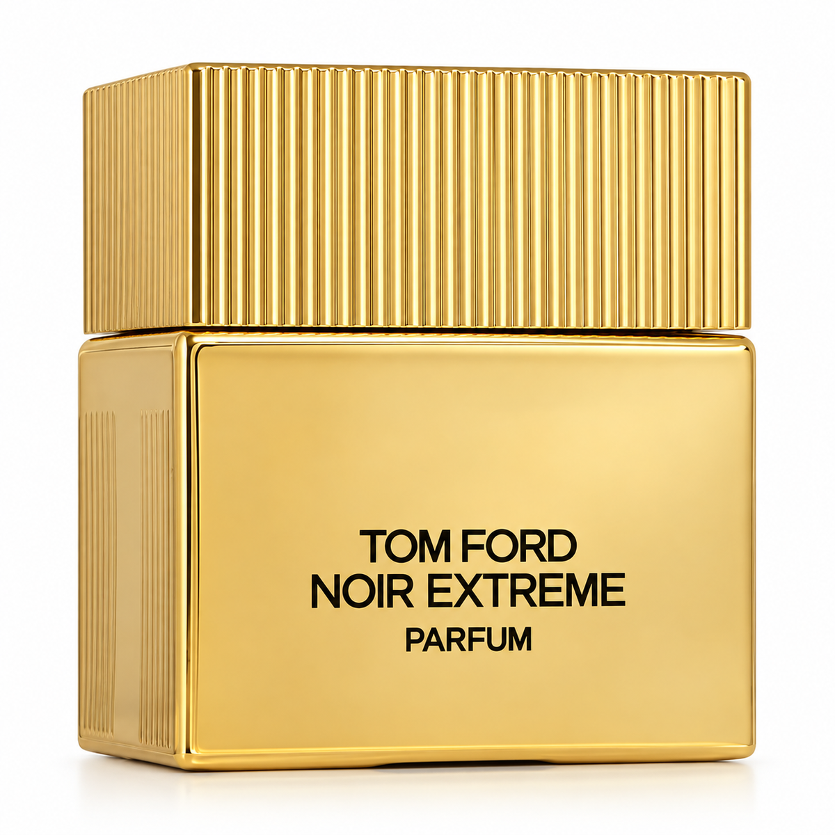 Tom Ford Noir Extreme Parfum in its striking polished gold bottle with a ribbed gold cap and bold black branding, photographed against a clean pure white background.