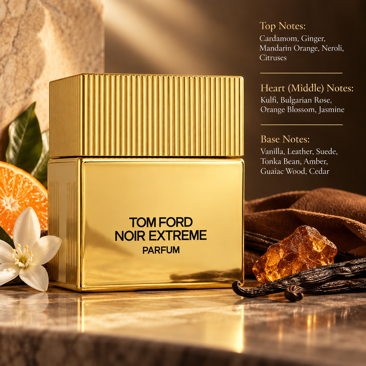Tom Ford Noir Extreme Parfum presented in a warm, luxurious setting inspired by its rich spicy, gourmand and woody character, featuring cardamom, ginger and citrus notes, a floral kulfi heart, and a deep base of vanilla, leather, suede, tonka bean, amber and woods.