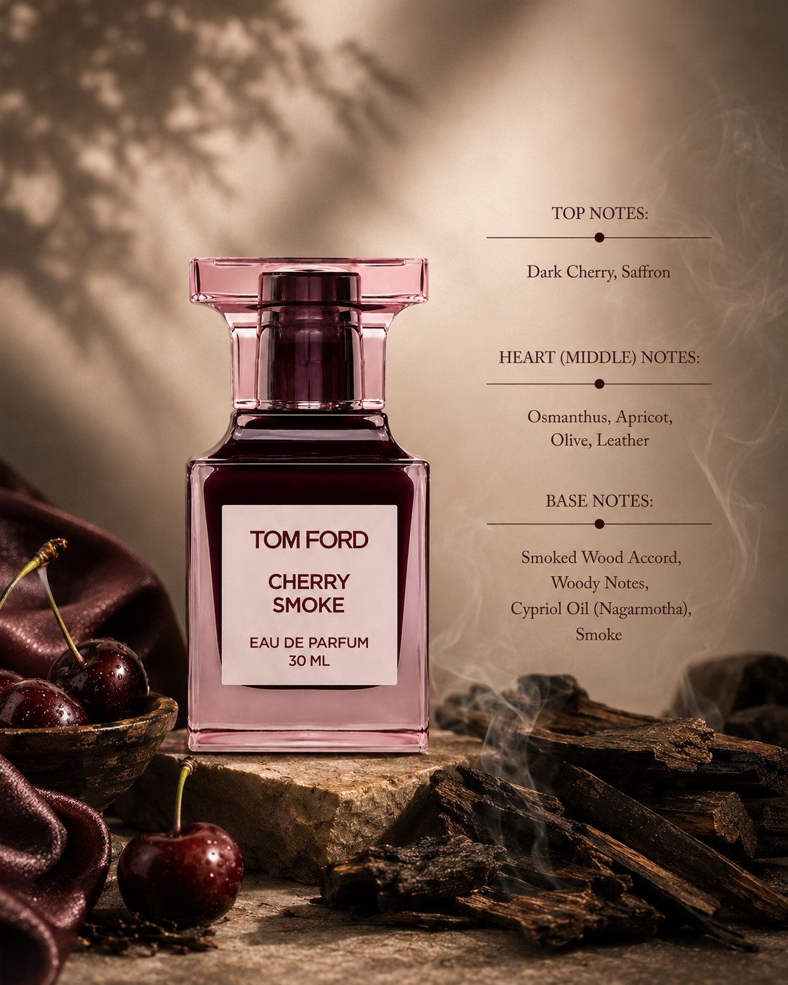 Tom Ford Cherry Smoke 30ml EDP - Unisex is showcased with cherries and wood, featuring top notes of dark cherry and saffron, a heart of osmanthus and leather, and a smoky cherry base with wood accords and cypriol oil.