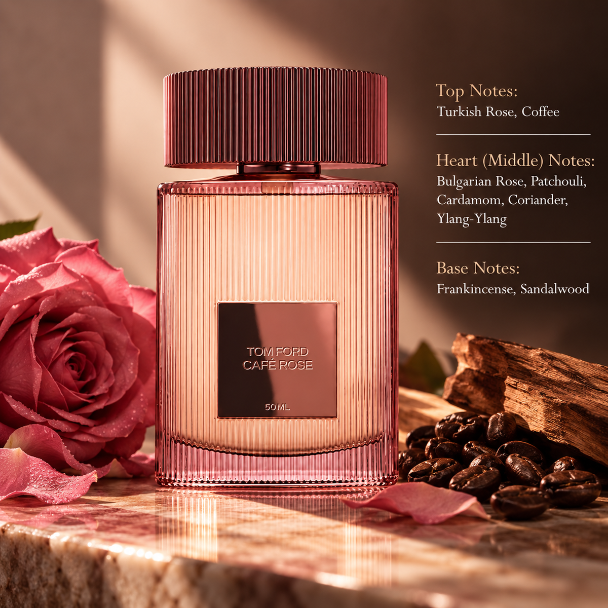 Tom Ford Café Rose presented in a warm, sophisticated composition inspired by its floral, spicy and woody character, featuring Turkish rose and coffee, Bulgarian rose, patchouli, cardamom, coriander and ylang-ylang, with frankincense and sandalwood in the base.