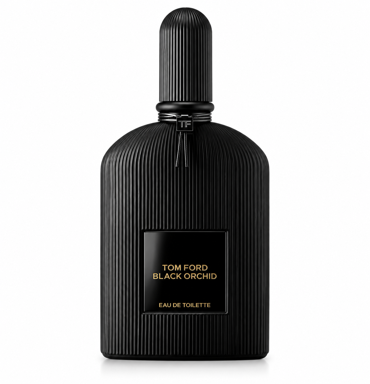 Tom Ford Black Orchid 50ml Eau de Toilette presented in its signature matte black ribbed bottle with black plaque, refined gold lettering and distinctive TF neck detail, photographed against a clean pure white background.
