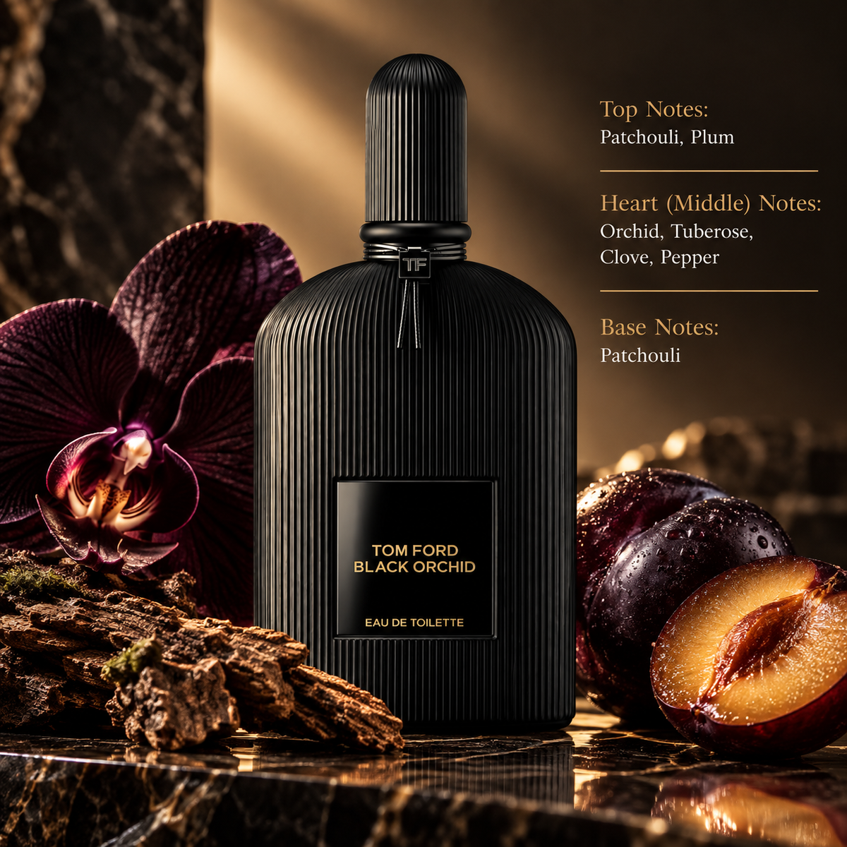 Tom Ford Black Orchid Eau de Toilette in a dark, sophisticated composition reflecting its floral, fruity and earthy character, featuring patchouli and plum, orchid and tuberose, with warm spicy accents and a deep patchouli base.