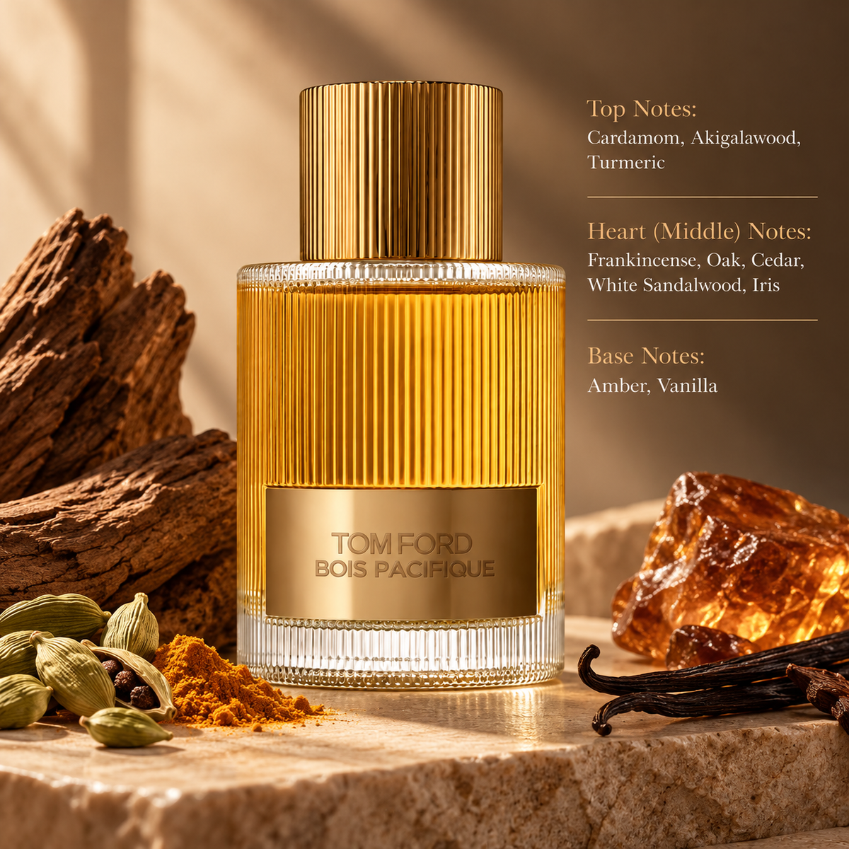 Tom Ford Bois Pacifique presented in a warm, luxurious composition reflecting its spicy, woody and ambery character, featuring cardamom, Akigalawood and turmeric, frankincense, oak, cedar, white sandalwood and iris, with amber and vanilla in the base.