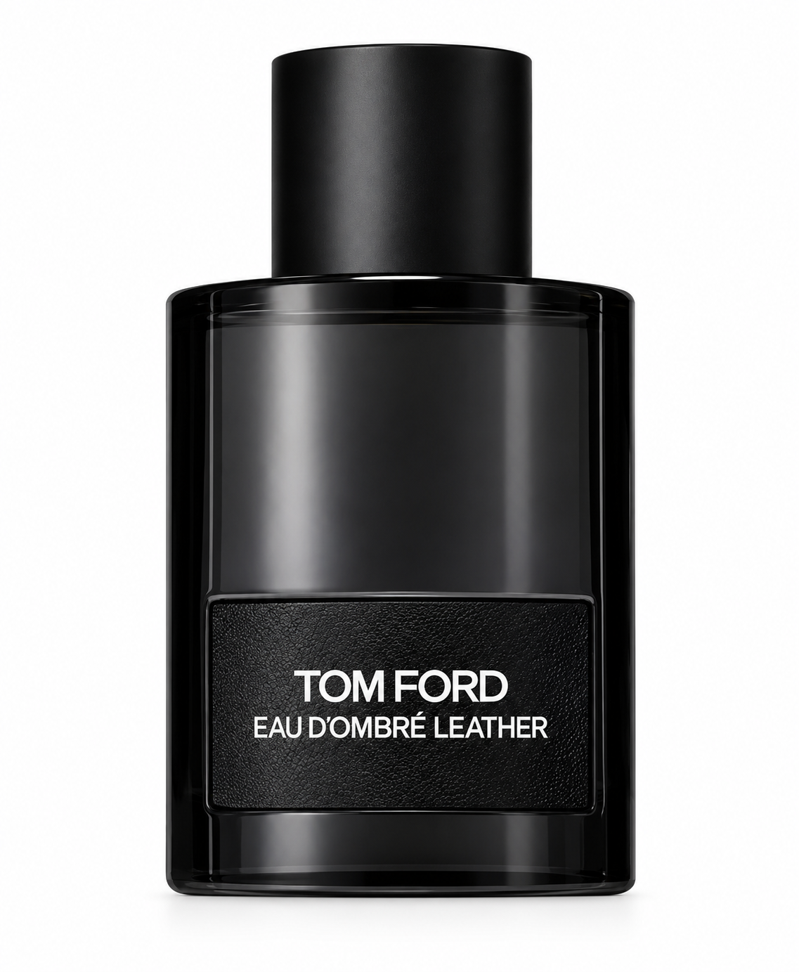 Tom Ford Eau d’Ombré Leather in its sleek black glass bottle with matte black cap and textured black front label, photographed against a clean pure white background.