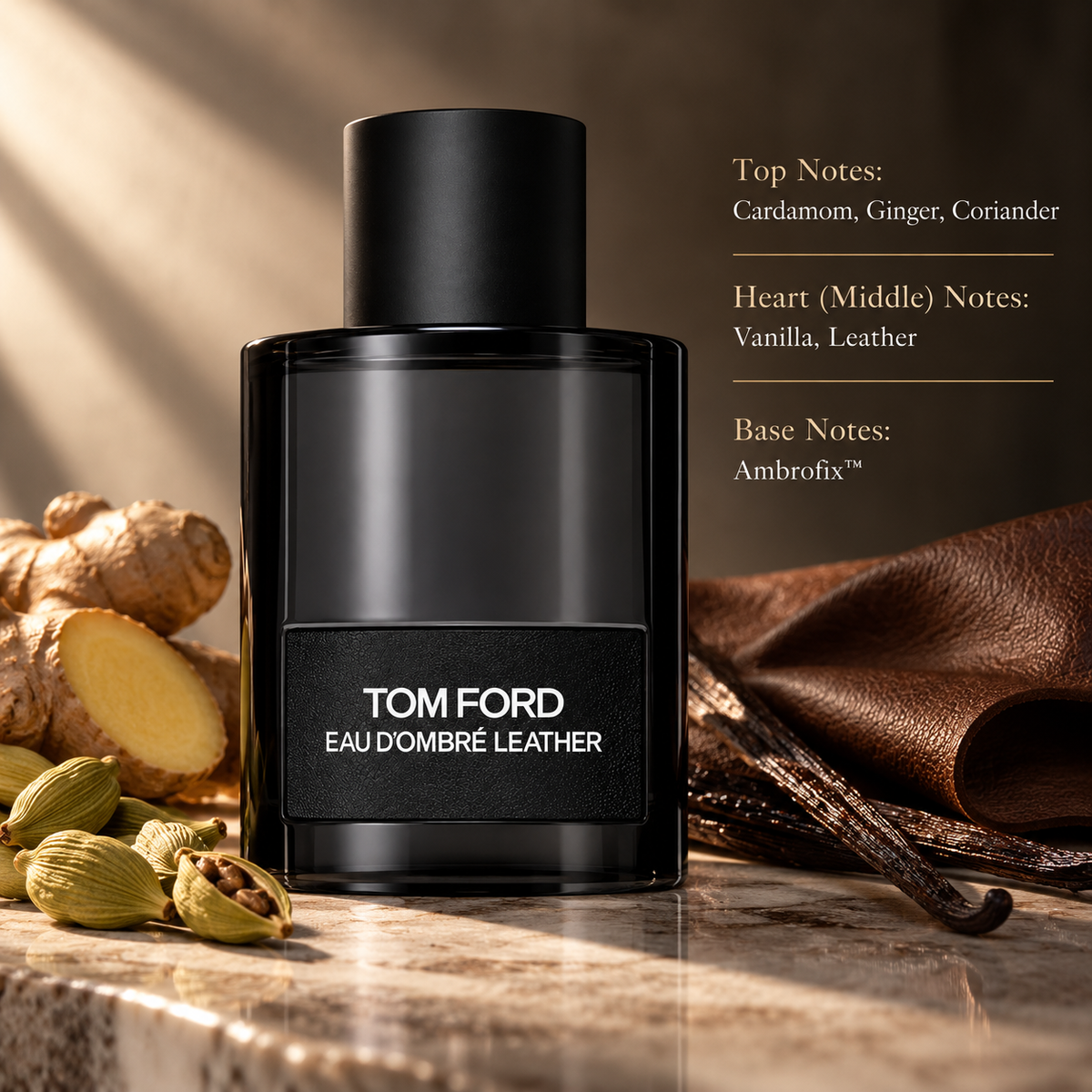 Tom Ford Eau d’Ombré Leather presented in a warm, luxurious setting inspired by its rich composition, featuring cardamom, ginger and coriander, smooth vanilla and leather, with an Ambrofix™ base.