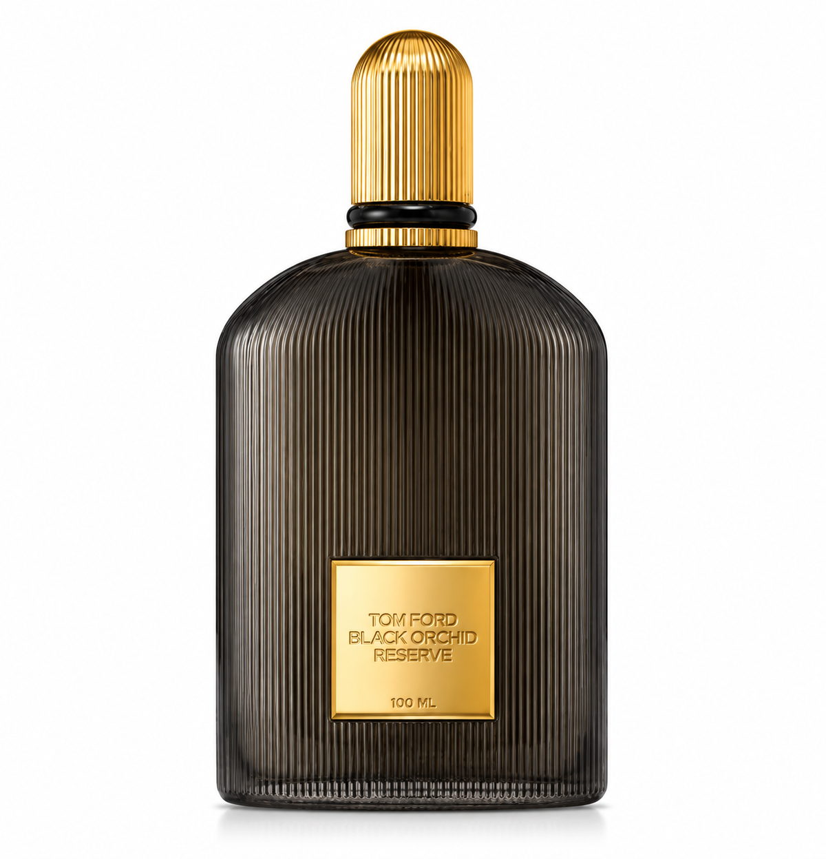 Tom Ford Black Orchid Reserve 100ml presented in its distinctive dark ribbed bottle with luxurious gold cap and matching gold front plaque, photographed against a clean pure white background.