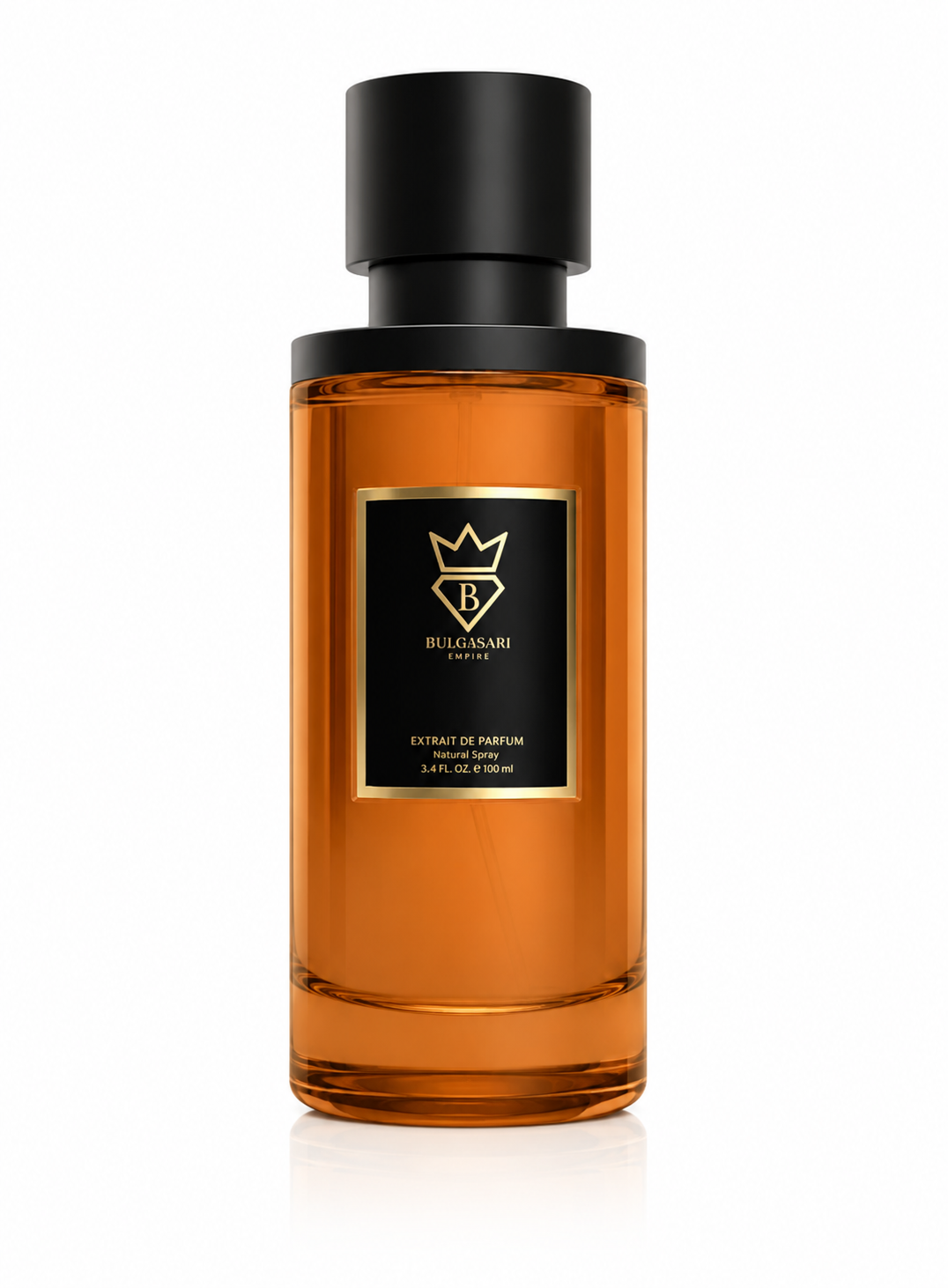 Bujairami Legacy Extrait de Parfum 100ml presented on a pure white background, featuring an elegant amber glass bottle with a matte black cap and luxurious gold-accented label, highlighting a rich extrait concentration designed for long-lasting performance and a sophisticated unisex fragrance experience.