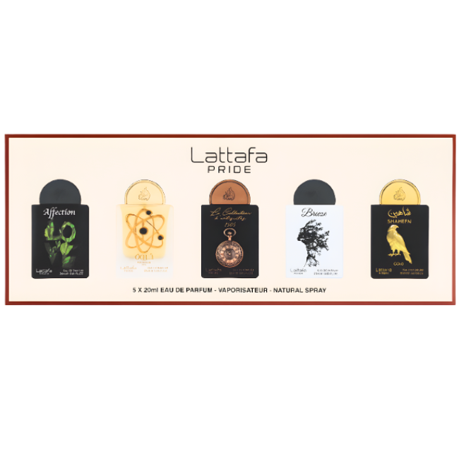 Lattafa Pride Giftset Collection No. 1 discovery set featuring five 20ml Eau de Parfum bottles: Affection, Tharwah Gold, Shaheen Gold, Breeze, and La Collection d’Antiquités 1505.